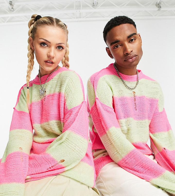Collusion Unisex Open Knit Oversized Sweater In Green And Pink-multi