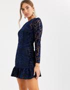 Asos Design Premium Laser Cut Velvet Mini Dress With Pephem-navy