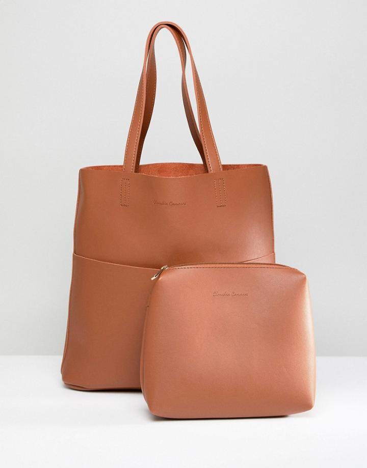 Claudia Canova Unlined Two Pocket Tote Bag-tan