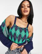 Missguided Argyle Crop Top & Cardigan Set In Green-blue