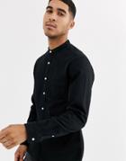 Asos Design Stretch Slim Organic Denim Shirt In Black With Grandad Collar
