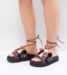 Asos Design Fringey Premium Pom Pom Flat Sandals - Multi