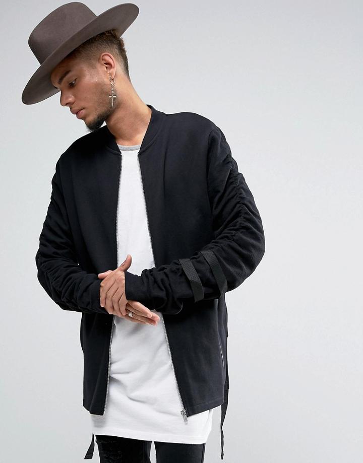 Asos Longline Jersey Bomber Jacket With Ruched Sleeves & Taping - Blac