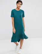 Asos Frill Hem Midi T-shirt Dress - Green