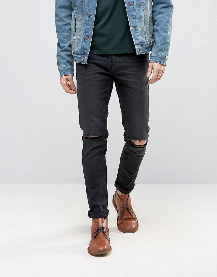 Asos Skinny Jeans With Rips In 12.5oz Washed Black - Black