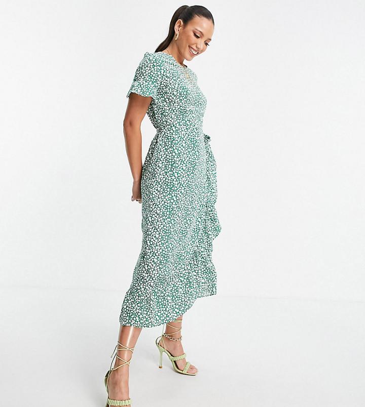 Vero Moda Tall Midi Ruffle Tea Dress In Green Dot