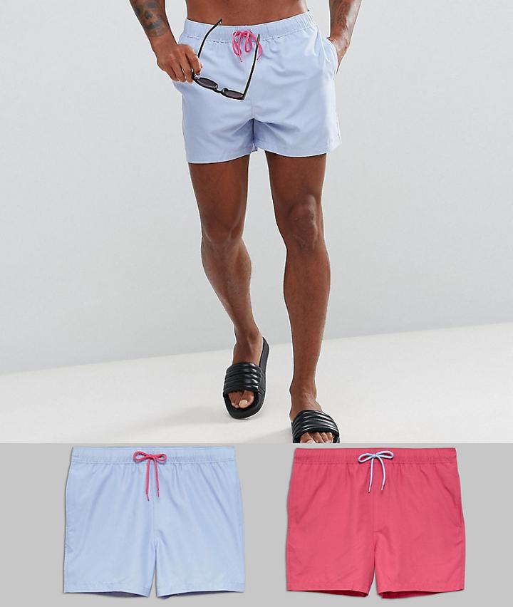 Asos Swim Shorts In Pink & Blue Short Length 2 Pack Save - Multi