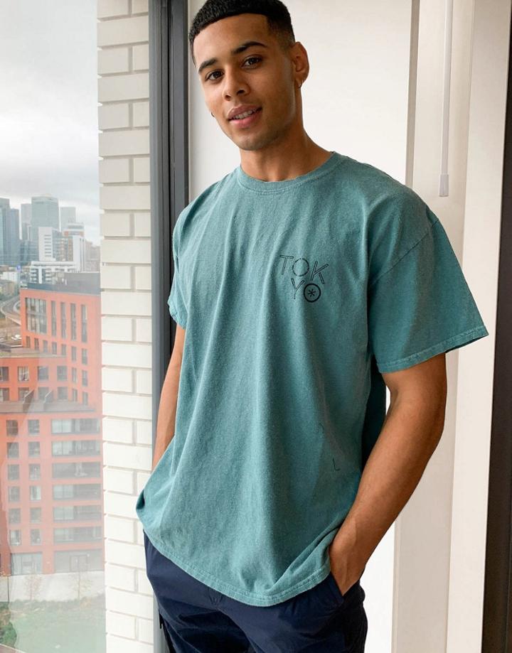 New Look Oversized T-shirt With Tokyo Print In Overdye Green