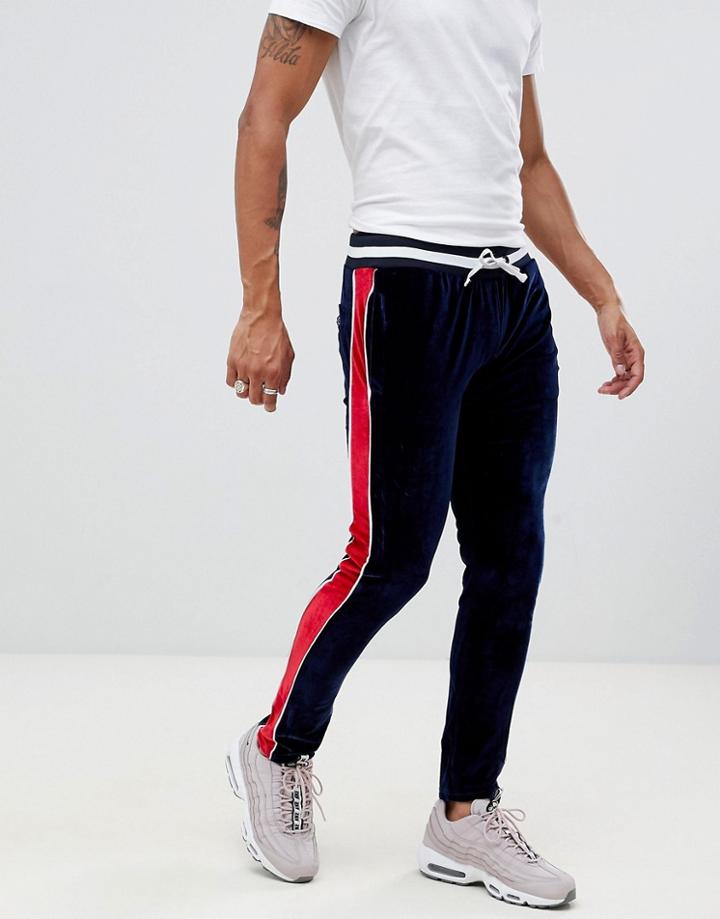 Night Addict Velvet Paneled Skinny Fit Tracksuit Joggers - Navy