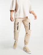 Topman Skinny Cargo Pants With Zip Detail In Stone-neutral