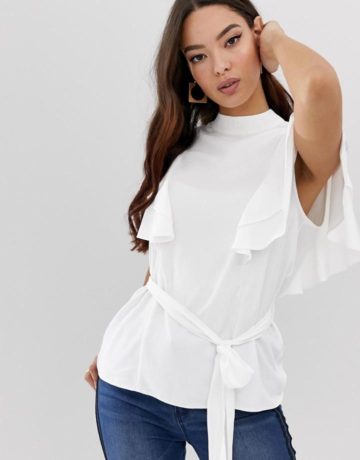 Asos Design Belted High Neck Top With Ruffle Sleeves - White