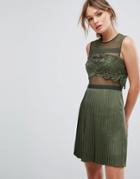 Three Floor Mini Dress With Pleated Satin Skirt - Green
