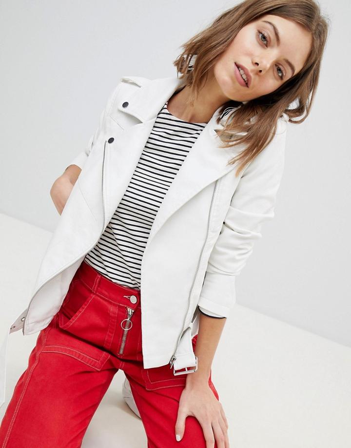 Vero Moda Leather Look Biker Jacket With Buckles - White