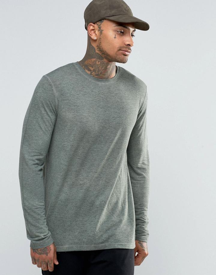 Asos Linen Mix Long Sleeve T-shirt With Pigment Wash - Green