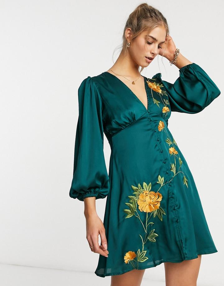Asos Design Button Through Satin Mini Tea Dress With Trailing Embroidery-green