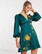 Asos Design Button Through Satin Mini Tea Dress With Trailing Embroidery-green