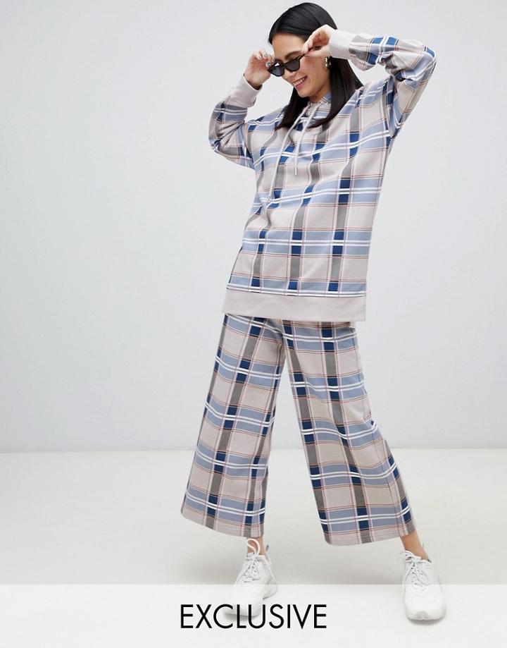 Monki Wide Leg Cropped Checked Pants In Beige-multi