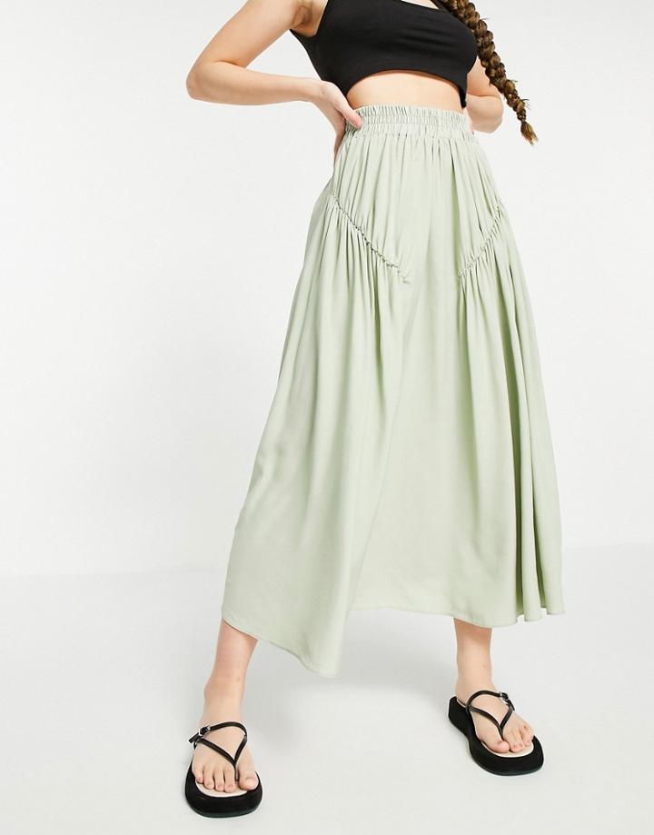 Asos Design Midi Skirt With Gathered Detail In Sage-multi