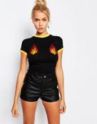 The Ragged Priest Retro Ringer Tee With Flame Patches