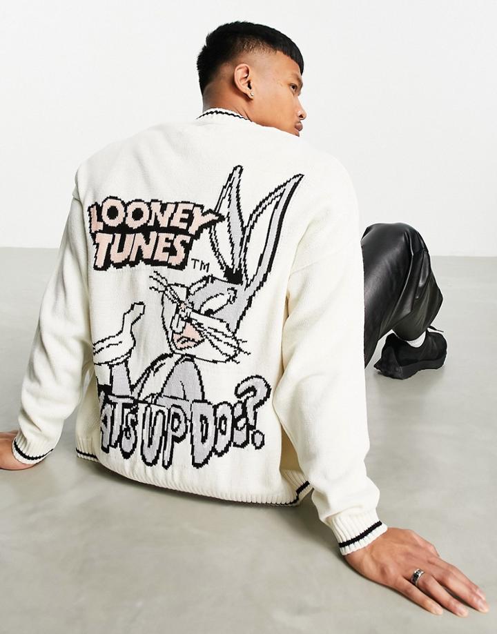 Asos Design Knitted Oversized Cardigan With Bugs Bunny Back Placement In Stone-neutral