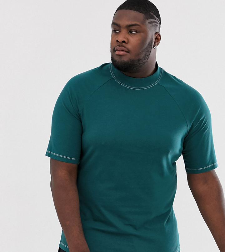 Asos Design Plus Jersey Contrast Raglan Turtleneck With Contrast Stitching In Green
