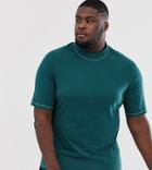 Asos Design Plus Jersey Contrast Raglan Turtleneck With Contrast Stitching In Green