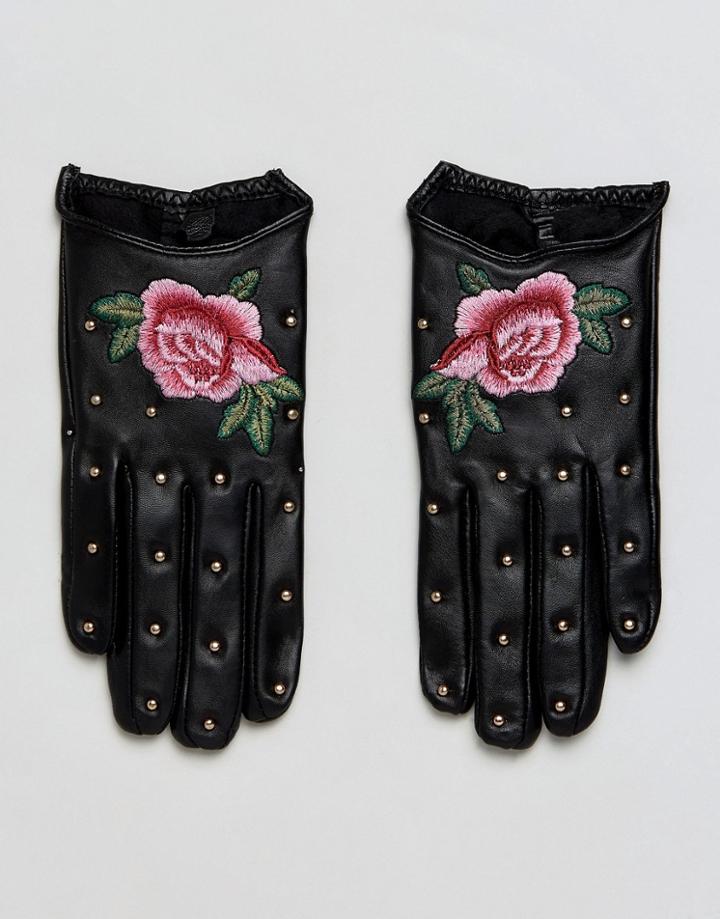 Aldo Leather Embroidered Gloves - Black