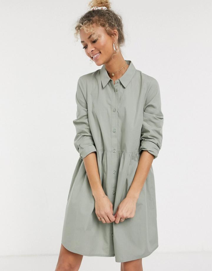 Asos Design Cotton Mini Smock Shirt Dress In Khaki-green