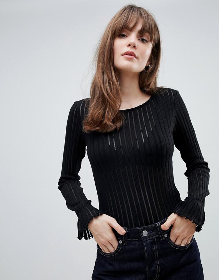 Pieces Kaylee Ribbed Sheer Long Sleeved Top - Black