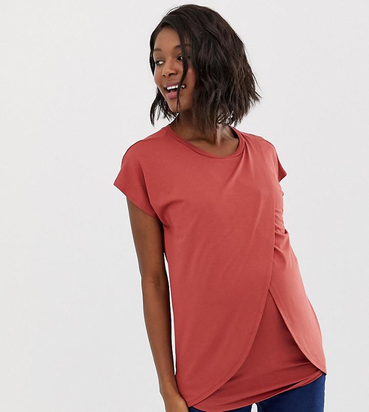 Asos Design Maternity Nursing T-shirt With Wrap Overlay - Brown