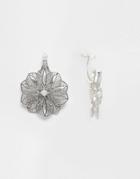Asos Filigree Flower & Faux Pearl Swing Earrings - Silver