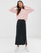 Asos Design Bias Cut Satin Midi Skirt With Splits - Black