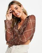 Asos Design Sheer Crop Shirt With V Neck In Brown Abstract Check-multi