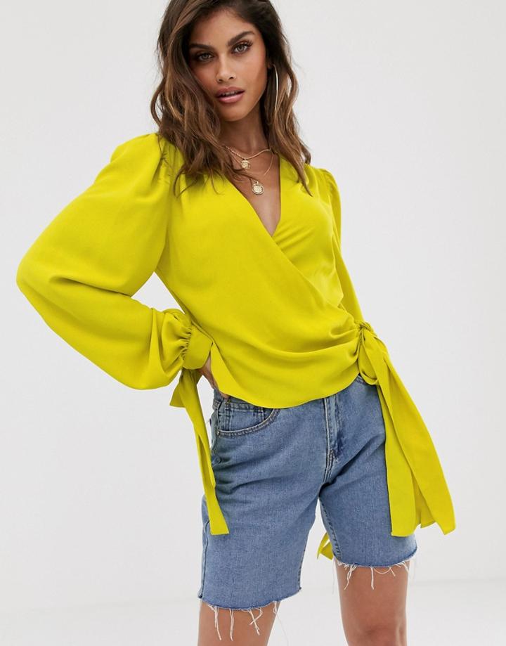 Asos Design Wrap Top With Tie Cuff - Green