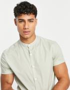 Asos Design Skinny Shirt With Grandad Collar In Sage Green