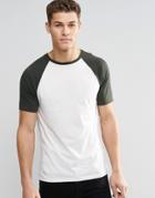 Asos T-shirt With Contrast Raglan Sleeves In Off White/green
