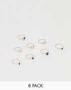 Asos Design Pack Of 8 Rings With Engraved Coin Details And Blue Stones In Gold Tone - Gold