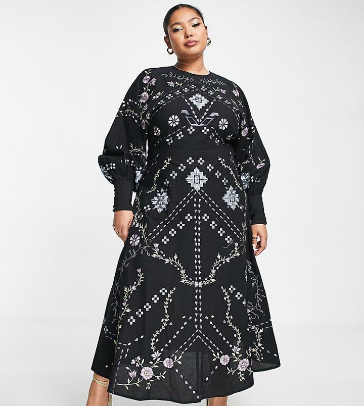 Asos Edition Curve Geo Floral Embroidered Waisted Midi Dress In Black