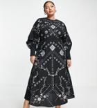 Asos Edition Curve Geo Floral Embroidered Waisted Midi Dress In Black