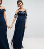 Maya Maternity Cold Shoulder Sequin Detail Tulle Maxi Dress With Ruffle Detail - Navy