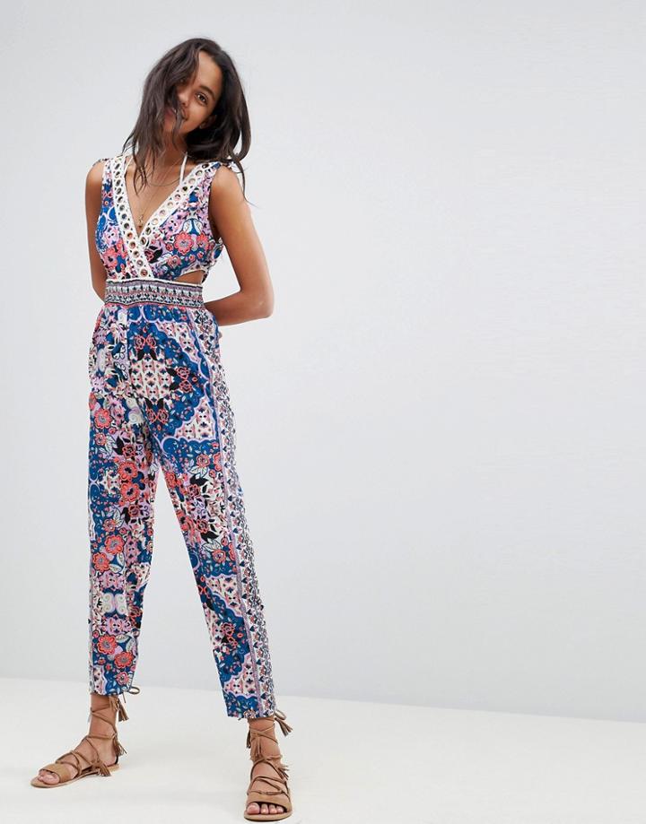 River Island Floral Print Cut Out Beach Jumpsuit-pink