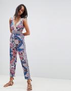 River Island Floral Print Cut Out Beach Jumpsuit-pink