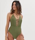 Miss Selfridge Exclusive Swimsuit With Circle Detail In Khaki - Green