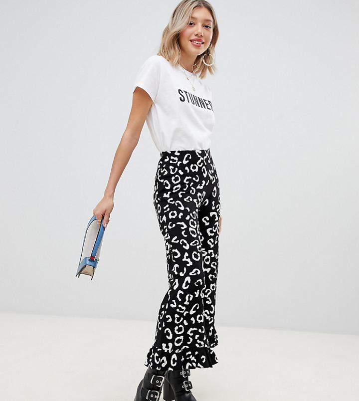 Asos Design Petite Pants With Fluted Ruffle Hem In Mono Animal Print-multi