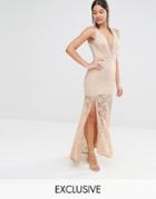 Love Triangle Lace Plunge Front Maxi Dress With Ladder - Nude