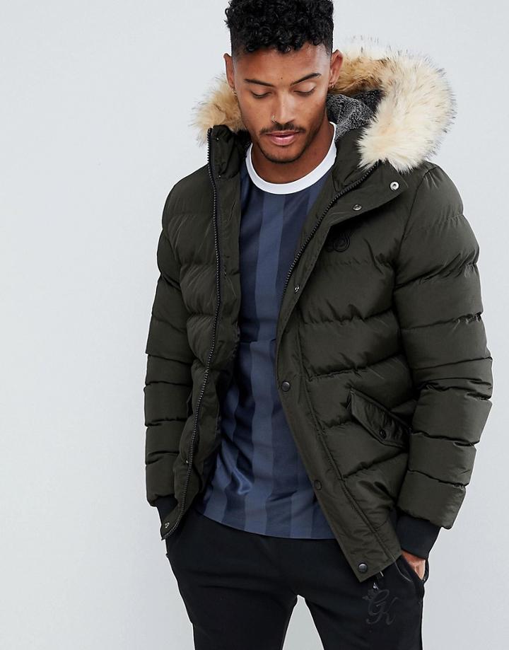 Siksilk Puffer Jacket With Fur Hood In Khaki - Green
