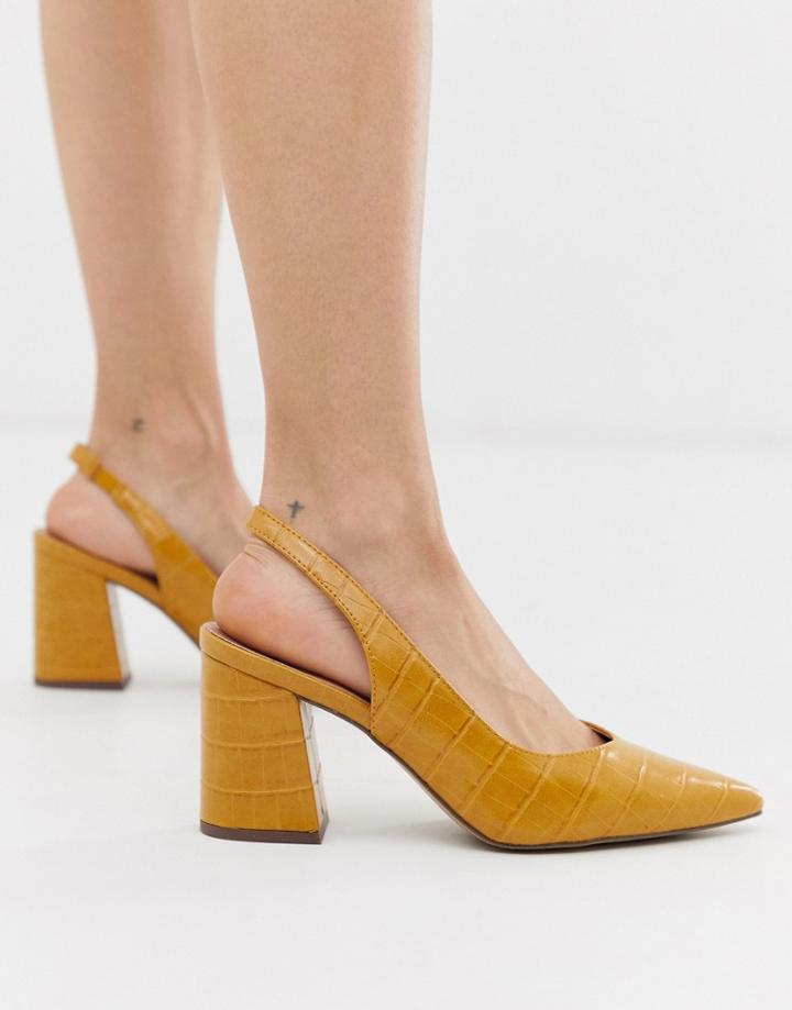 New Look Slingback Block Heeled Shoes In Dark Yellow Croc - Yellow