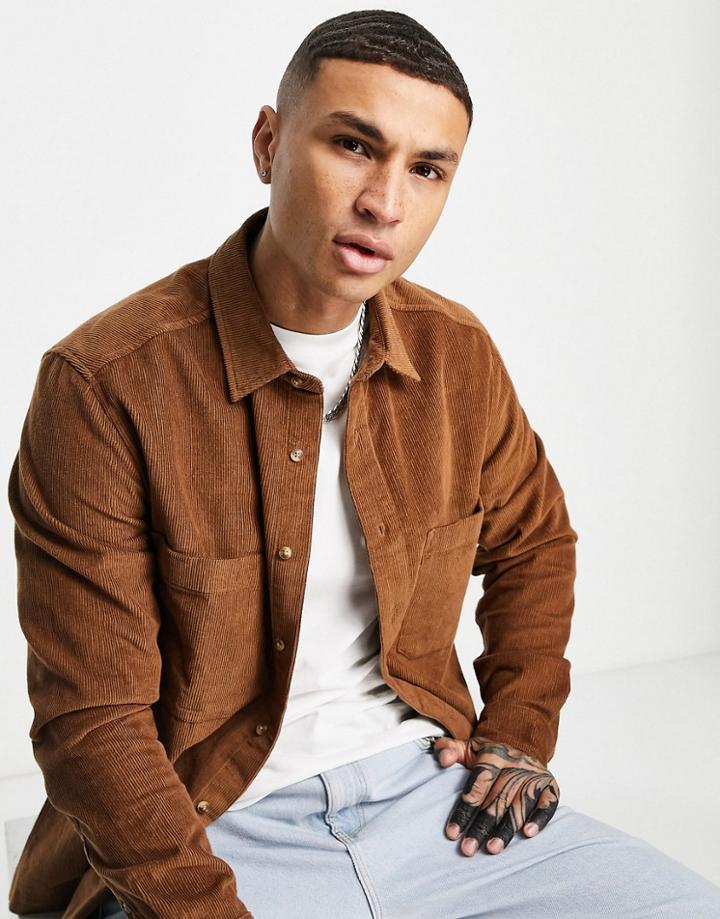 Asos Design Overshirt Cord Shirt In Brown