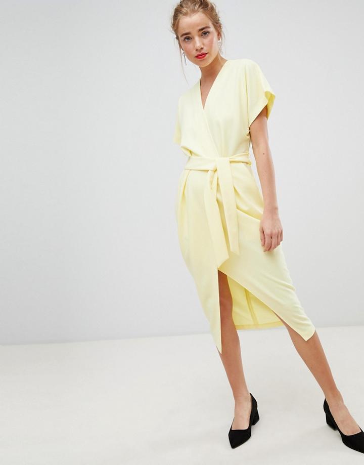 Closet London Short Sleeve Tie Front Dress In Lemon Yellow - Yellow
