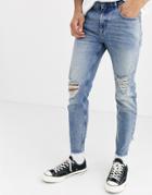 Asos Design Cone Mill Denim Skinny 'american Classic' Jeans In Vintage Light Wash With Rips And Raw Hem-blue